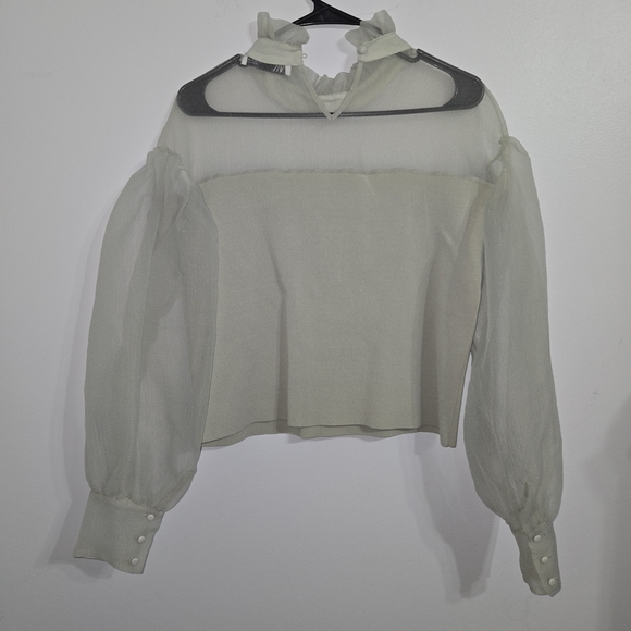 M#79 Zara Size M Elegant Sheer Light Gray Blouse - Picture 3 of 6